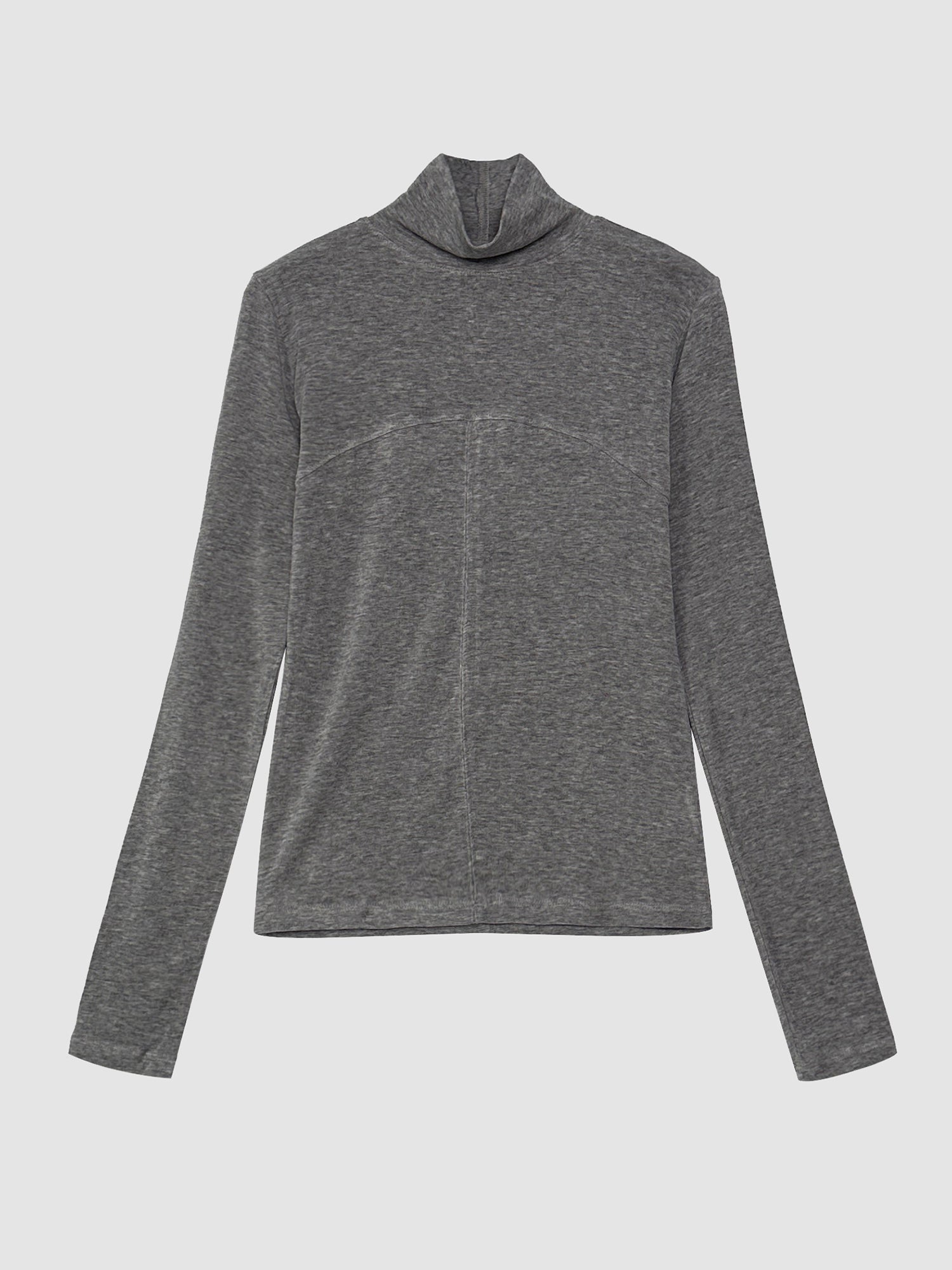 Front view of the seamed turtleneck that showcases its front design detail of the turtleneck.