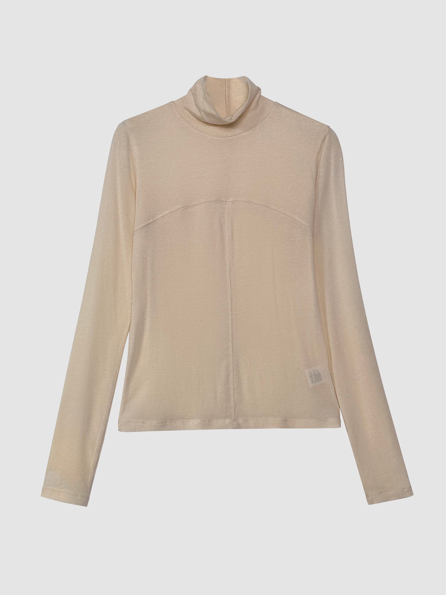 Product detailed view of the seamed turtleneck that is color beige.