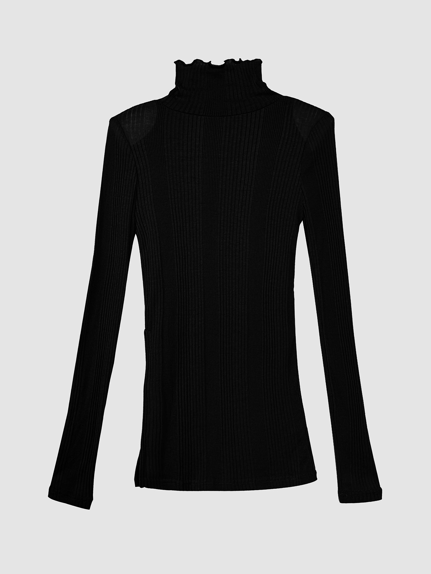 Front detailed view of the slit ribbed neck that is color black.