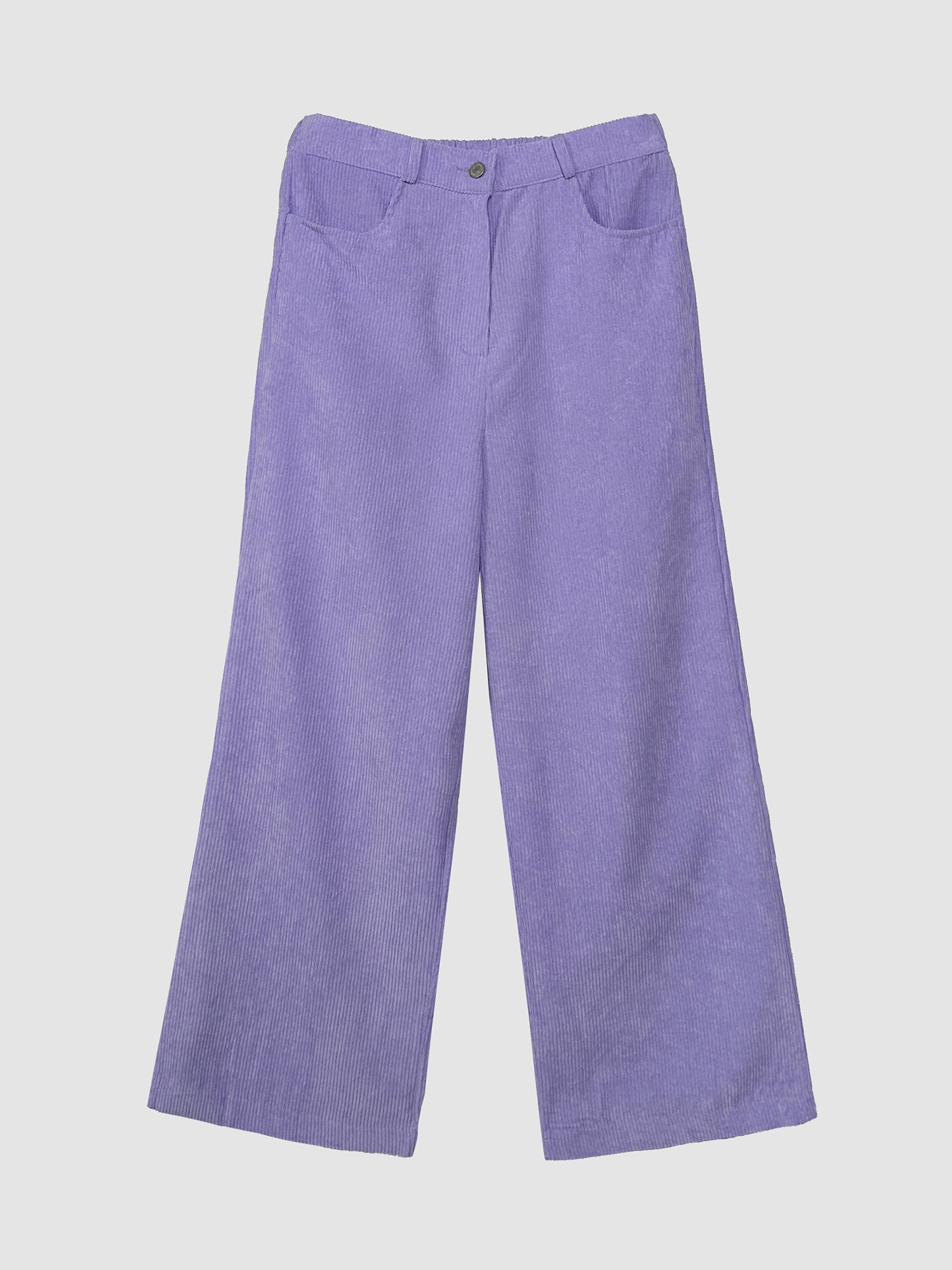 Detailed product view of the purple corduroy pants, showcasing the front designs and reflecting the distinctive flair of Korean street style.