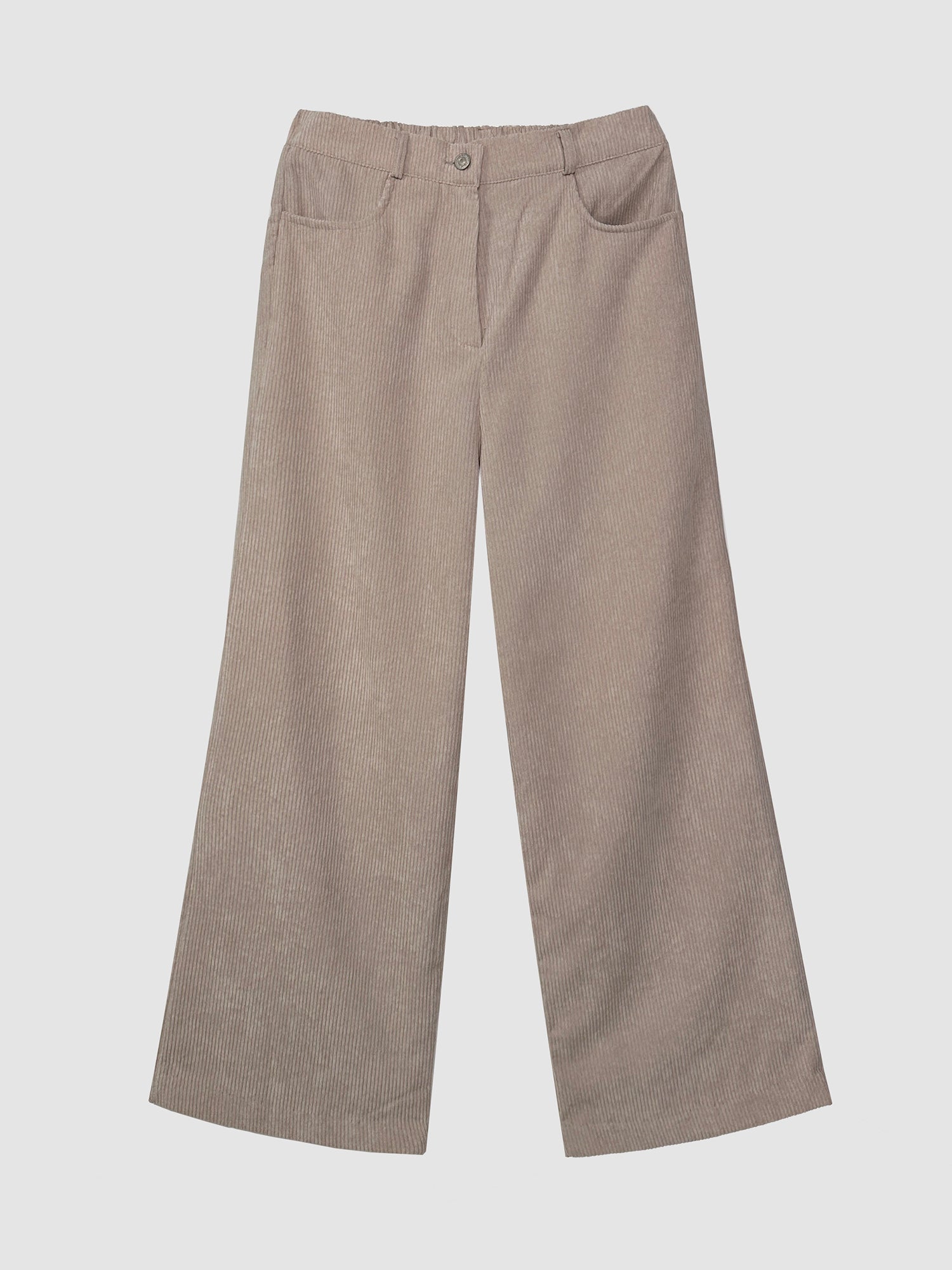 Front detailed view of the corduroy pants that is color beige.