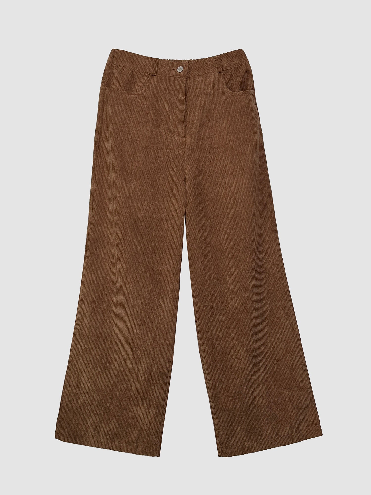 Detailed product view of the camel corduroy pants, showcasing the front designs and reflecting the distinctive flair of Korean street style.