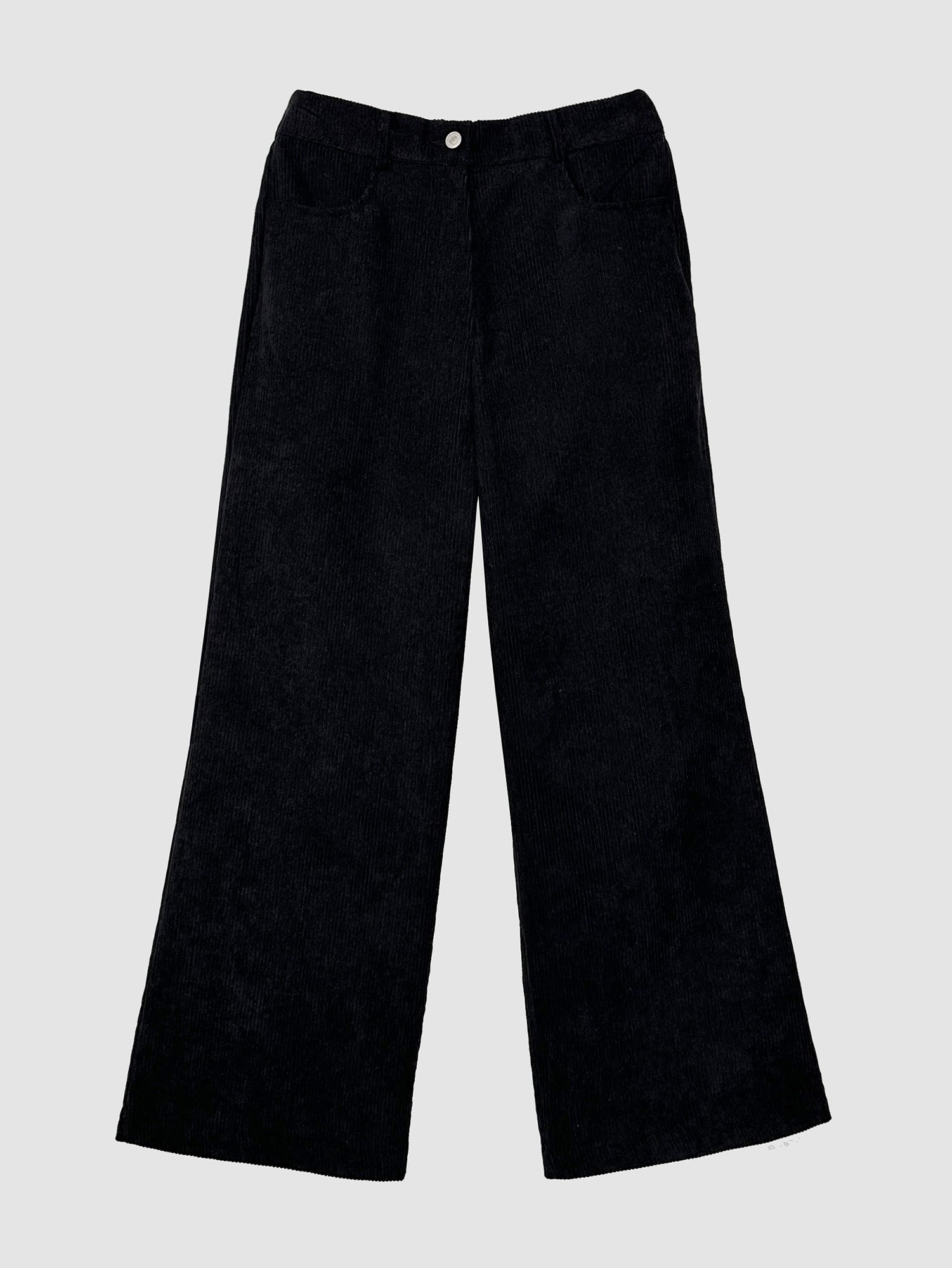 Front detailed view of the corduroy pants that is color black.